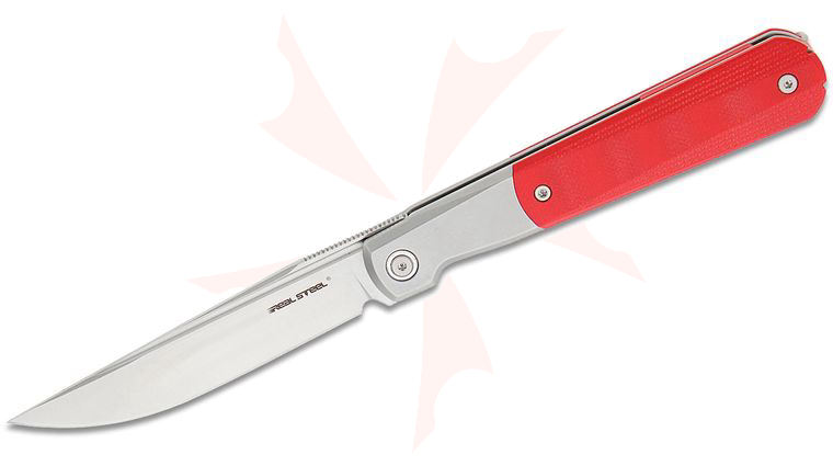 Real Steel Knives Real Barlow RB-7 Essential Front Flipper Knife 3.27 inch 14C28N Satin Clip Point Blade, Red G10 and Steel Handles