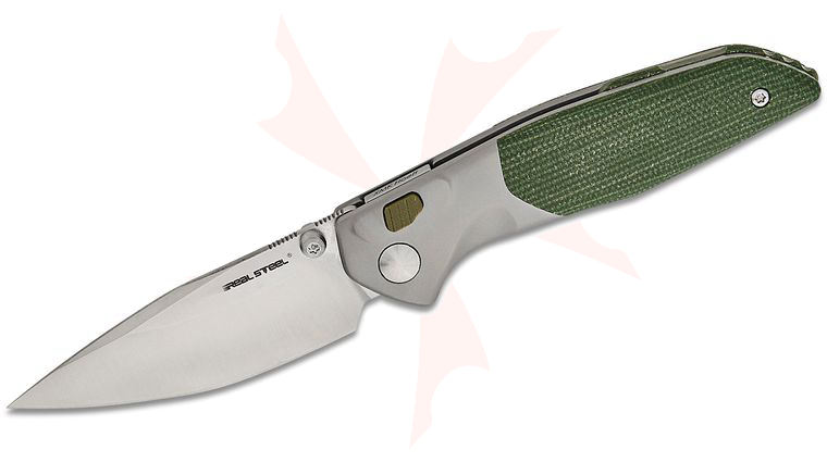 Real Steel Knives Austin Fox Hoeft Button Lock Folding Knife 3.27 inch S35VN Satin Drop Point Blade, Bolstered Bead Blasted Titanium Handles with Green Micarta Scales