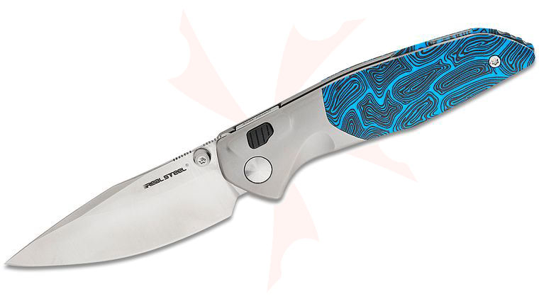 Real Steel Knives Austin Fox Hoeft Button Lock Folding Knife 3.27 inch S35VN Satin Drop Point Blade, Bolstered Bead Blasted Titanium Handles with Blue Damascus G10 Scales