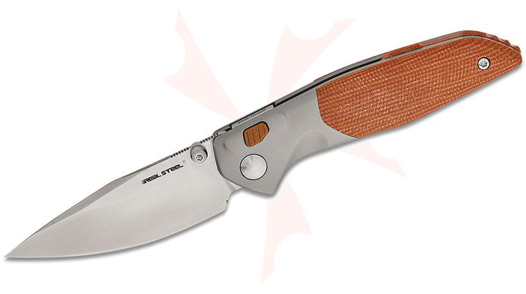 Real Steel Knives Austin Fox Hoeft Button Lock Folding Knife 3.27 inch S35VN Satin Drop Point Blade, Bolstered Bead Blasted Titanium Handles with Natural Micarta Scales