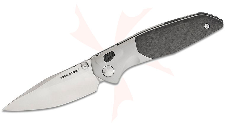 Real Steel Knives Austin Fox Hoeft Button Lock Folding Knife 3.27 inch S35VN Satin Drop Point Blade, Bolstered Bead Blasted Titanium Handles with Shred Carbon Fiber Scales