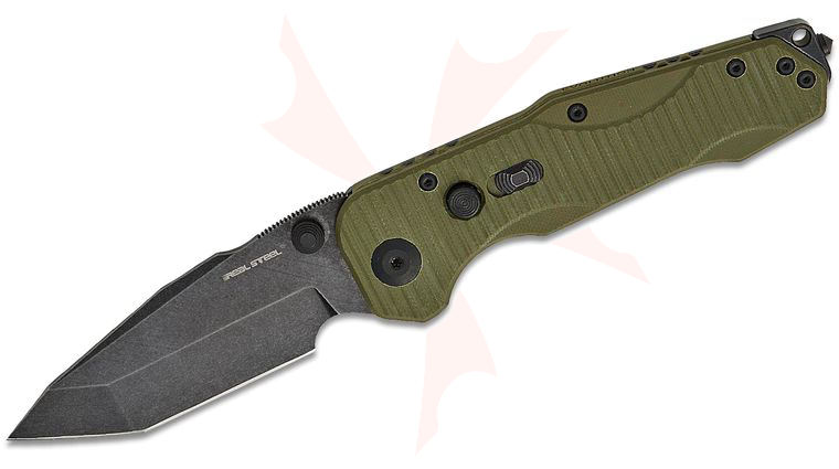 Real Steel Knives Carson Huang Evolution Ironclad Button Frame Lock Folding Knife 3.78 inch D2 Black Stonewashed Tanto Blade, OD Green G10 and Steel Handles