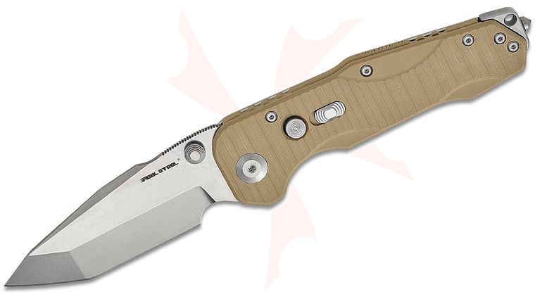 Real Steel Knives Carson Huang Evolution Ironclad Button Frame Lock Folding Knife 3.78 inch D2 Stonewashed Tanto Blade, Coyote Tan G10 and Steel Handles
