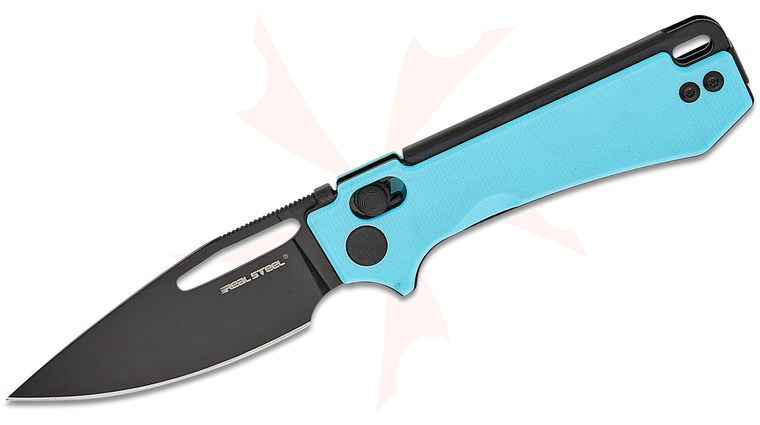 Real Steel Knives Poltergeist Works Vis Crossbar Lock Folding Knife 2.72 inch 12C27N Black PVD Drop Point Blade, Light Blue G10 Handles