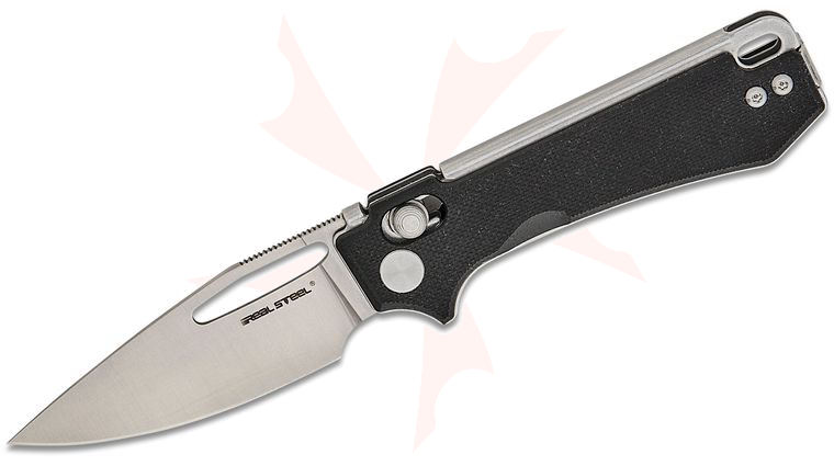 Real Steel Knives Poltergeist Works Vis Crossbar Lock Folding Knife 2.72 inch 12C27N Satin Drop Point Blade, Black G10 Handles