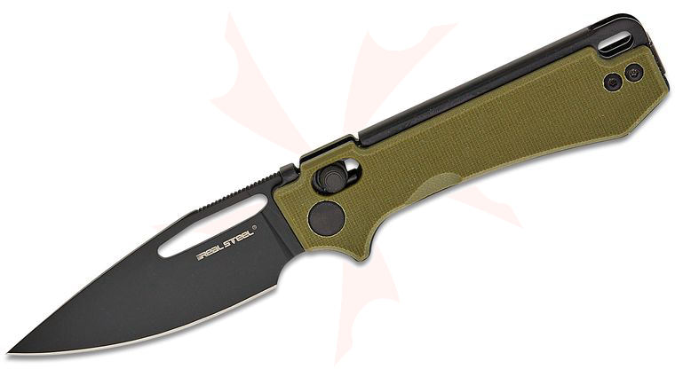 Real Steel Knives Poltergeist Works Vis Crossbar Lock Folding Knife 2.72 inch 12C27N Black PVD Drop Point Blade, OD Green G10 Handles