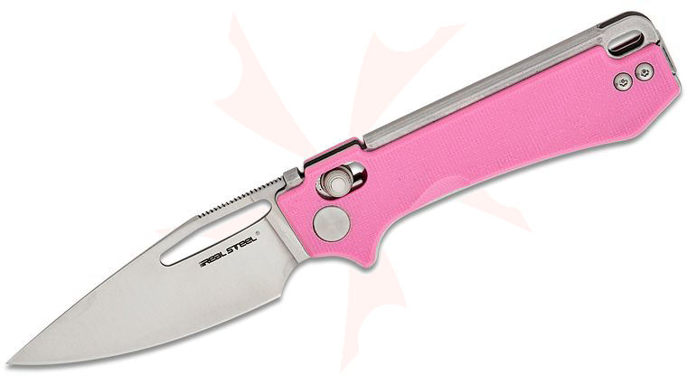 Real Steel Knives Poltergeist Works Vis Crossbar Lock Folding Knife 2.72 inch 12C27N Satin Drop Point Blade, Pink G10 Handles