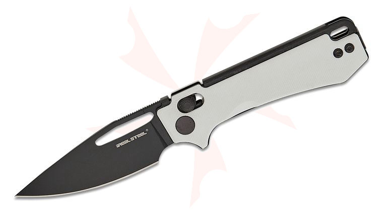 Real Steel Knives Poltergeist Works Vis Crossbar Lock Folding Knife 2.72 inch 12C27N Black PVD Drop Point Blade, White G10 Handles