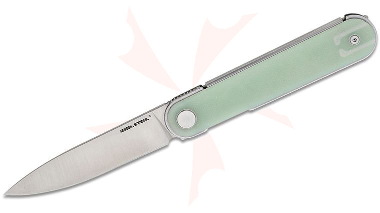 Real Steel Knives IRIS Liner Lock Front Flipper Knife 2.95 inch 12C27 Satin Drop Point Blade, Natural (Jade) G10 Handles
