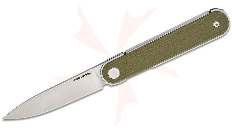 Real Steel Knives IRIS Liner Lock Front Flipper Knife 2.95 inch 12C27 Satin Drop Point Blade, OD Green G10 Handles