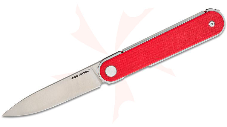 Real Steel Knives IRIS Liner Lock Front Flipper Knife 2.95 inch 12C27 Satin Drop Point Blade, Red G10 Handles