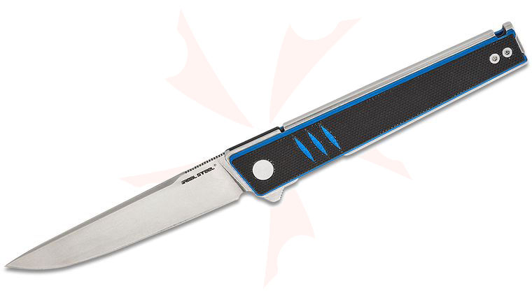 Real Steel Knives Kikashi Liner Lock Flipper Knife 3.54 inch 14C28N Stonewashed Drop Point Blade, Black/Blue G10 Handles