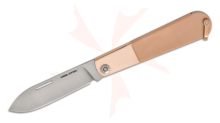 Real Steel Knives Real Barlow RB-3 Slipjoint Folding Knife 2.83 inch 12C27 Satin Drop Point Blade, Rose Gold Steel Handles
