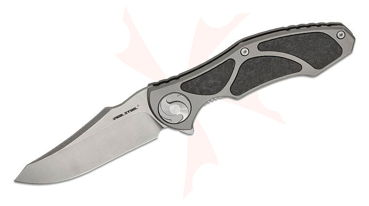 Real Steel Knives Carson Huang Exorcist Frame Lock Flipper Knife 3.62 inch S35VN Stonewashed Modified Sheepsfoot Blade, Titanium Handles with Three-Piece Shred Carbon Fiber Inlays