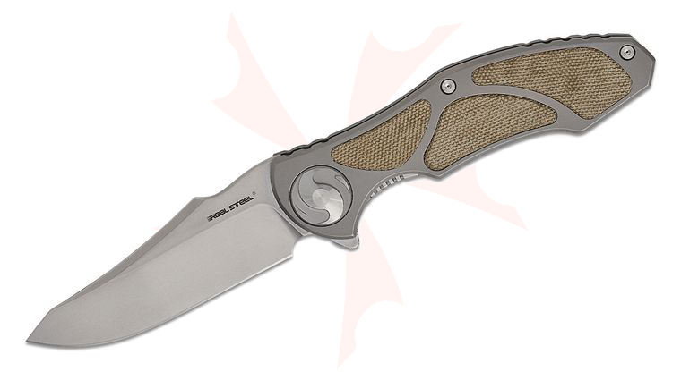 Real Steel Knives Carson Huang Exorcist Frame Lock Flipper Knife 3.62 inch S35VN Stonewashed Modified Sheepsfoot Blade, Titanium Handles with Three-Piece Green Micarta Inlays