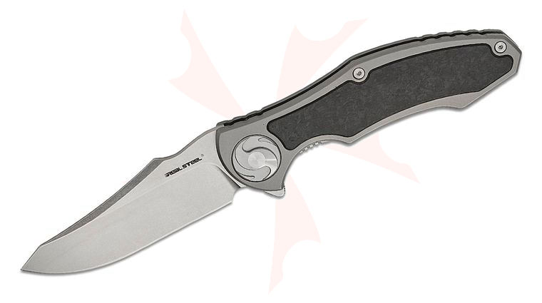 Real Steel Knives Carson Huang Exorcist Frame Lock Flipper Knife 3.62 inch S35VN Stonewashed Modified Sheepsfoot Blade, Titanium Handles with One-Piece Shred Carbon Fiber Inlay