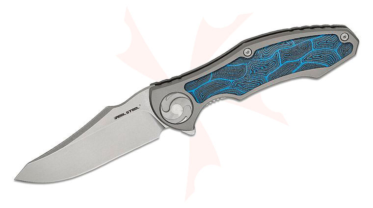 Real Steel Knives Carson Huang Exorcist Frame Lock Flipper Knife 3.62 inch S35VN Stonewashed Modified Sheepsfoot Blade, Titanium Handles with One-Piece Blue Damascus G10 Inlay