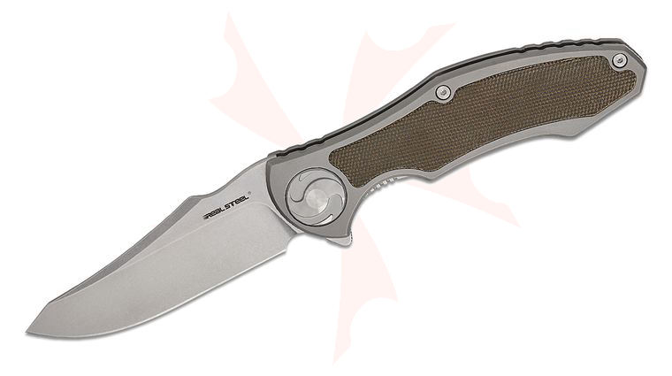 Real Steel Knives Carson Huang Exorcist Frame Lock Flipper Knife 3.62 inch S35VN Stonewashed Modified Sheepsfoot Blade, Titanium Handles with One-Piece Green Micarta Inlay