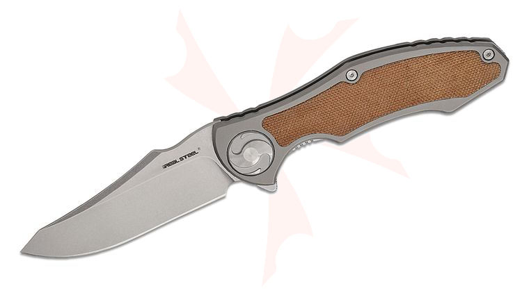 Real Steel Knives Carson Huang Exorcist Frame Lock Flipper Knife 3.62 inch S35VN Stonewashed Modified Sheepsfoot Blade, Titanium Handles with One-Piece Natural Micarta Inlay
