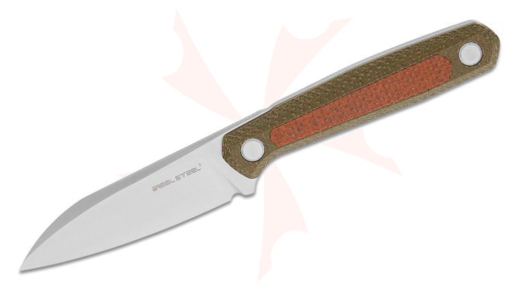 Real Steel Knives Ostap Hel Dex Fixed Blade Knife 3.15 inch K110 Satin Sheepsfoot Blade, Green Micarta Handles with Brown Micarta Inlays, Black Kydex Sheath
