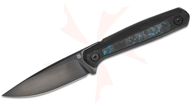 Real Steel Knives Ostap Hel Dex Apex Fixed Blade Knife 3.15 inch M390 Polished DLC Drop Point Blade, Black G10 Handles with Blue Carbon Fiber Inlays, Black Leather Sheath
