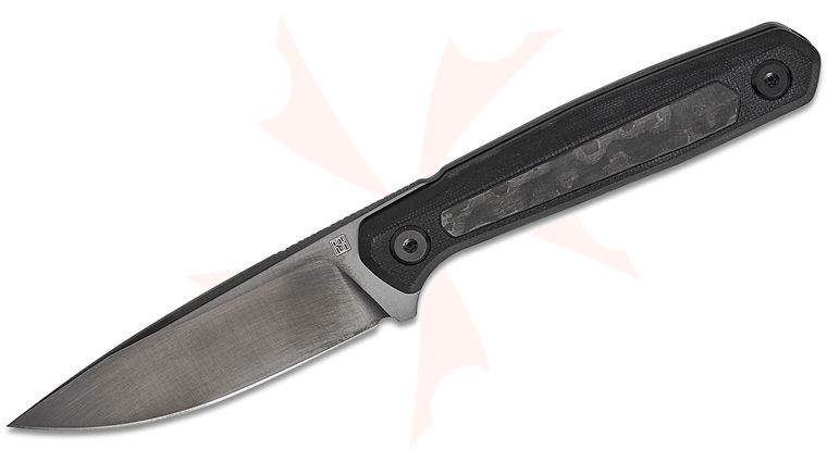 Real Steel Knives Ostap Hel Dex Apex Fixed Blade Knife 3.15 inch M390 Polished DLC Drop Point Blade, Black G10 Handles with Damast Carbon Fiber Inlays, Black Leather Sheath