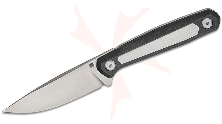 Real Steel Knives Ostap Hel Dex Apex Fixed Blade Knife 3.15 inch M390 Satin Drop Point Blade, Carbon Fiber Handles with White G10 Inlays, Black Leather Sheath