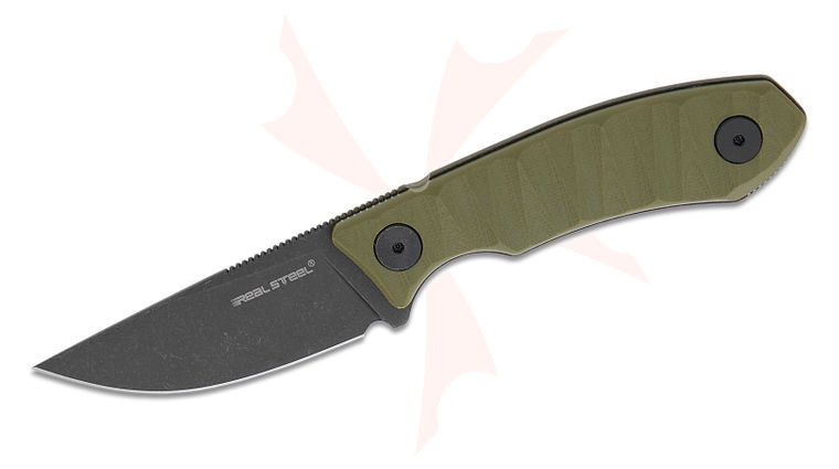 Real Steel Knives Ostap Hel Receptor Fixed Blade Knife 3.15 inch 14C28N Black Stonewashed Drop Point Blade, Grooved Green G10 Handles, Kydex Sheath