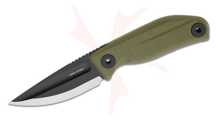 Real Steel Knives CDX-85 Fixed Blade Knife 3.15 inch 14C28N Black PVD Drop Point Blade, OD Green G10 Handles, Black Leather Sheath