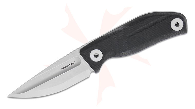 Real Steel Knives CDX-85 Fixed Blade Knife 3.15 inch 14C28N Bead Blasted Drop Point Blade, Black G10 Handles, Black Leather Sheath