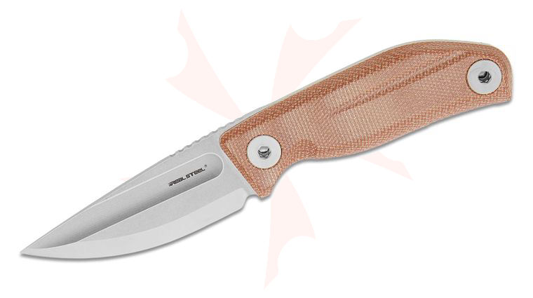 Real Steel Knives CDX-85 Fixed Blade Knife 3.15 inch 14C28N Bead Blasted Drop Point Blade, Brown Micarta Handles, Black Leather Sheath