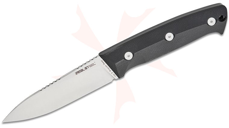 Real Steel Knives Ivan Braginets Black Thorn Fixed Blade Knife 4.65 inch K110 Satin Drop Point, Black G10 Handle, Black Leather Sheath