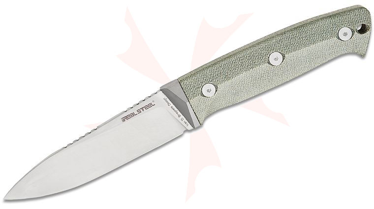 Real Steel Knives Ivan Braginets Black Thorn Fixed Blade Knife 4.65 inch K110 Satin Drop Point, Green Canvas Micarta Handle with Titanium Bolster, Black Leather Sheath
