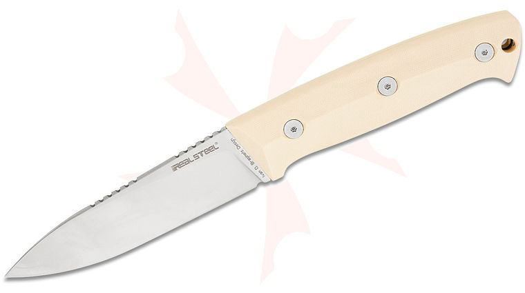 Real Steel Knives Ivan Braginets Black Thorn Fixed Blade Knife 4.65 inch K110 Satin Drop Point, Ivory G10 Handle, Black Leather Sheath