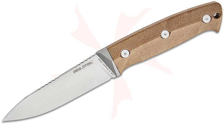 Real Steel Knives Ivan Braginets Black Thorn Fixed Blade Knife 4.65 inch K110 Satin Drop Point, Natural Canvas Micarta Handle with Titanium Bolster, Black Leather Sheath