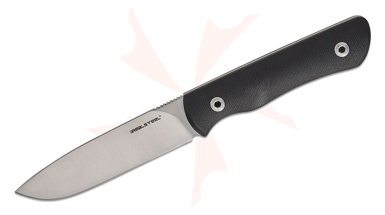 Real Steel Knives Bushcraft Plus II Full Flat Fixed Blade Knife 4.57 inch 14C28N Satin Drop Point Blade, Black G10 Handles, Leather Sheath
