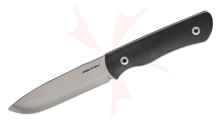 Real Steel Knives Bushcraft Plus II Scandi Fixed Blade Knife 4.57 inch 14C28N Satin Drop Point Blade, Black G10 Handles, Leather Sheath