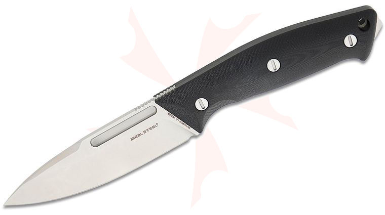 Real Steel Knives Gardarik 2026 Fixed Blade Knife 4.44 inch Elmax Satin Drop Point Blade, Black G10 Handles, Black Leather Sheath