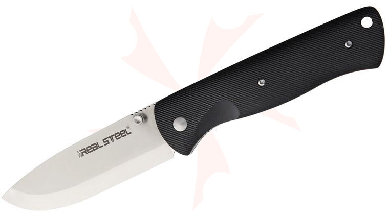 Real Steel Knives Bushcraft Folding Knife 3.54 inch D2 Satin Plain Blade, Black G10 Handles, Nylon Sheath