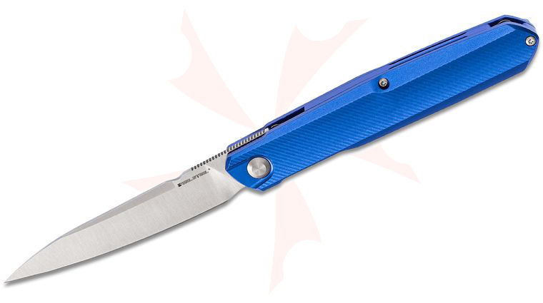 Real Steel Knives G5 Metamorph Mk II Front Flipper Knife 3.54 inch Sandvik 14C28N Plain Blade, Textured Intense Blue Aluminum Handles