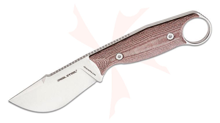 Real Steel Knives Furrier Knife Fixed 2.99 inch Satin Skinner Blade, Red Micarta Handle with Finger Ring, Leather Sheath