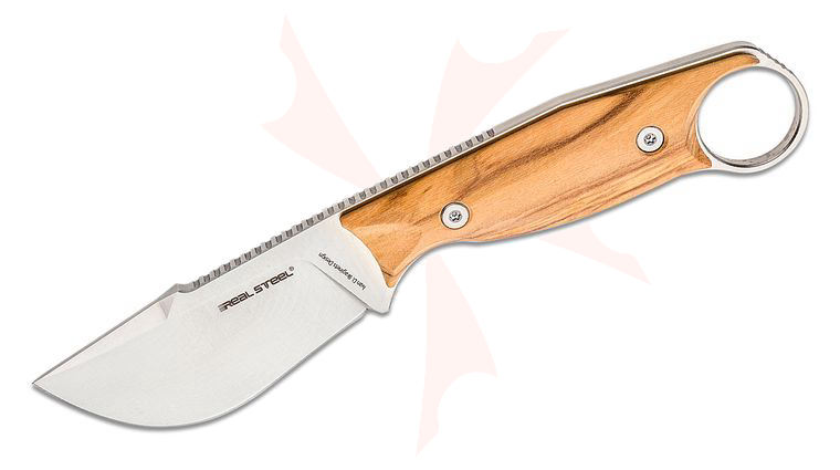 Real Steel Knives Furrier Knife Fixed 2.99 inch Satin Skinner Blade, Olive Wood Handle with Finger Ring, Leather Sheath