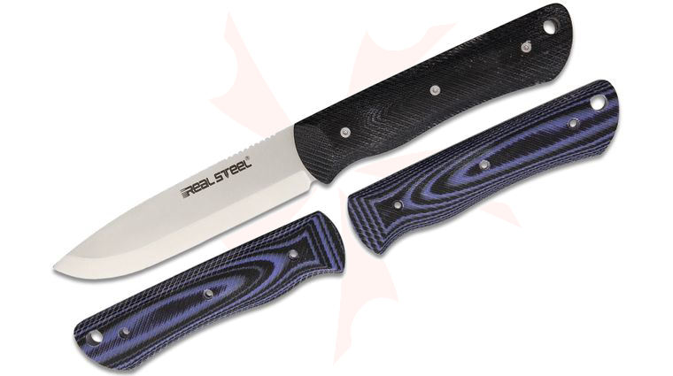 Real Steel Knives Bushcraft Fixed Blade Knife Set 4 inch D2 Scandi Drop Point, Black G10 Handles with Additional Black/Blue Micarta Scales, Kydex Sheath