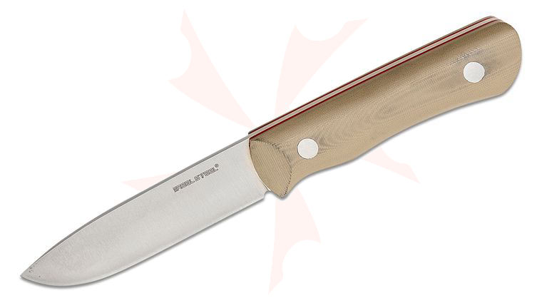 Real Steel Knives Bushcraft III Fixed Blade Knife 4.05 inch D2 Convex Grind Drop Point, Coyote Tan G10 Handle with Red G10 Liners, Leather Sheath
