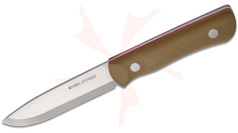 Real Steel Knives Bushcraft III Fixed Blade Knife 4.05 inch D2 Scandi Grind, Coyote Tan G10 Handle with Red G10 Liner, Kydex Sheath