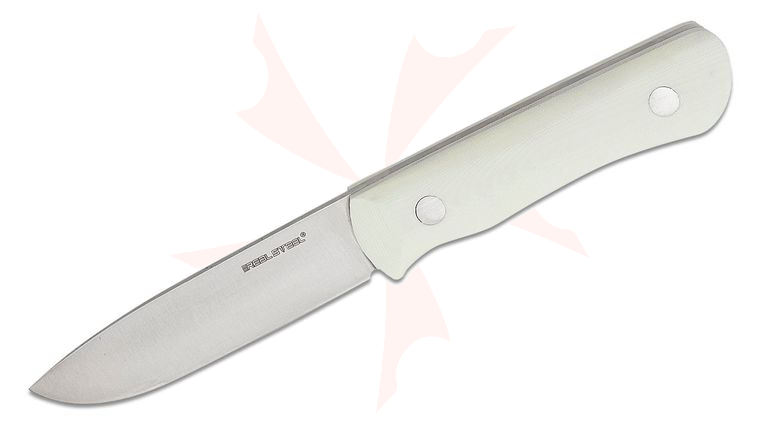 Real Steel Knives Bushcraft III Fixed Blade Knife 4.05 inch D2 Convex Grind Drop Point, White G10 Handle, Leather Sheath