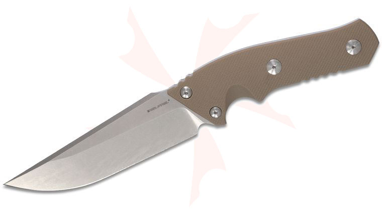 Real Steel Knives Sorrow Fixed Blade Knife 4.96 inch D2 Clip Point, Coyote Tan G10 Handles, Kydex Sheath
