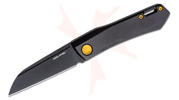 Real Steel Knives Solis Slipjoint Folding Knife 2.91 inch N690 Black Sheepsfoot Blade, Black Titanium Handles with Gold Hardware