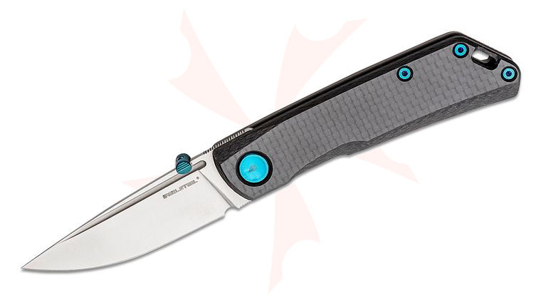 Real Steel Knives Luna Boost Folding Knife 2.76 inch N690 Satin Drop Point Blade, Carbon Fiber and Titanium Handles, Blue Hardware