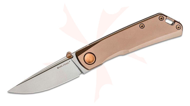 Real Steel Knives Luna ECO Folding Framelock Knife 2.76 inch K110 (D2) Bead Blasted Drop Point Blade, Bronze Stainless Handles